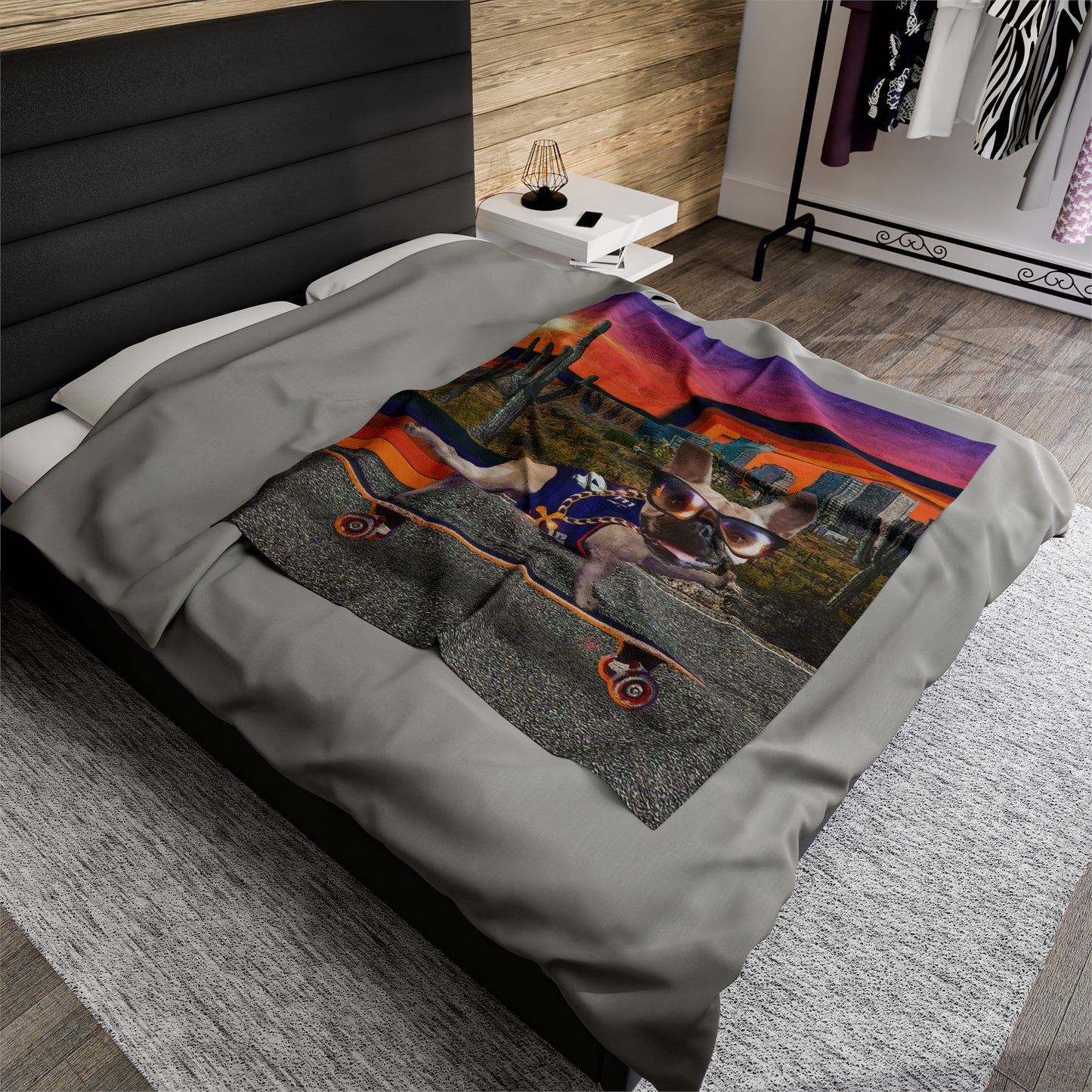 Frenchie Skating Phoenix - Velveteen Plush Blanket