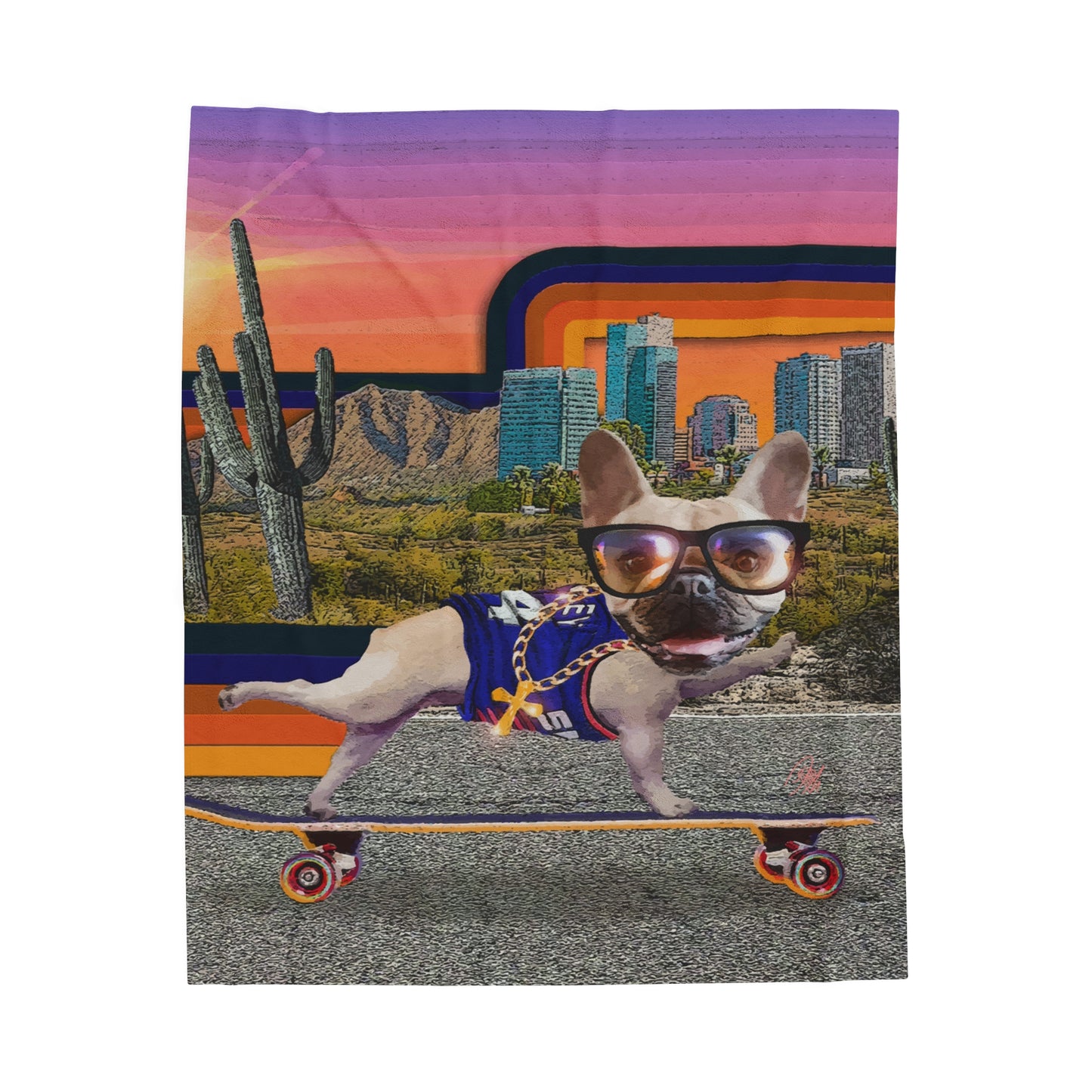 Frenchie Skating Phoenix - Velveteen Plush Blanket