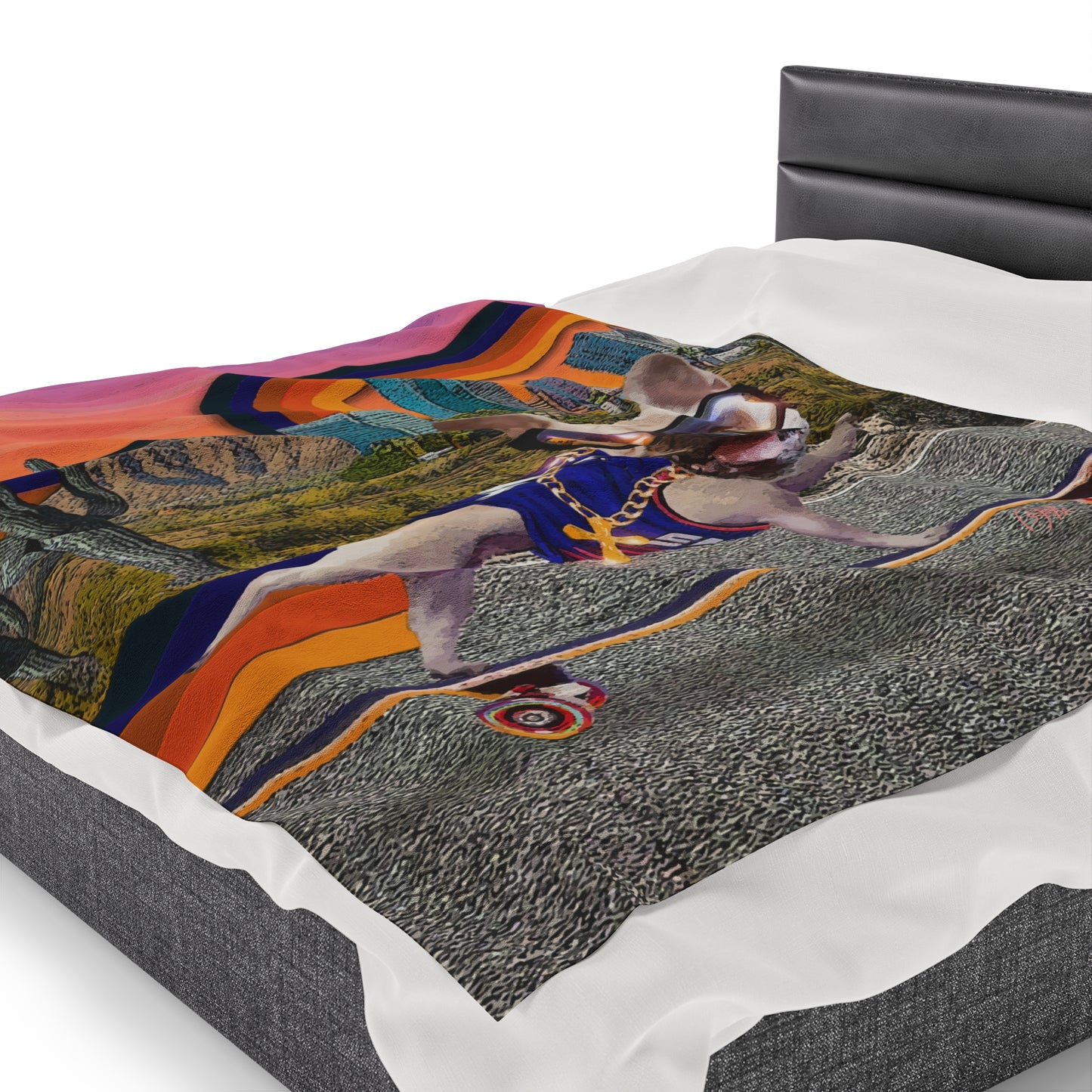 Frenchie Skating Phoenix - Velveteen Plush Blanket