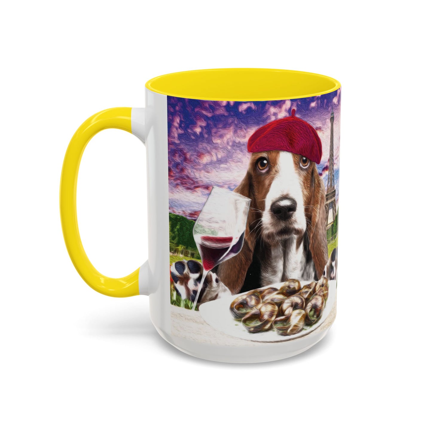 Basset Hound Eating in a French Parisian park - Coffee Mug - Perfect for Dog Lovers, Coffee Enthusiasts, Gifts, Home Decor, and More