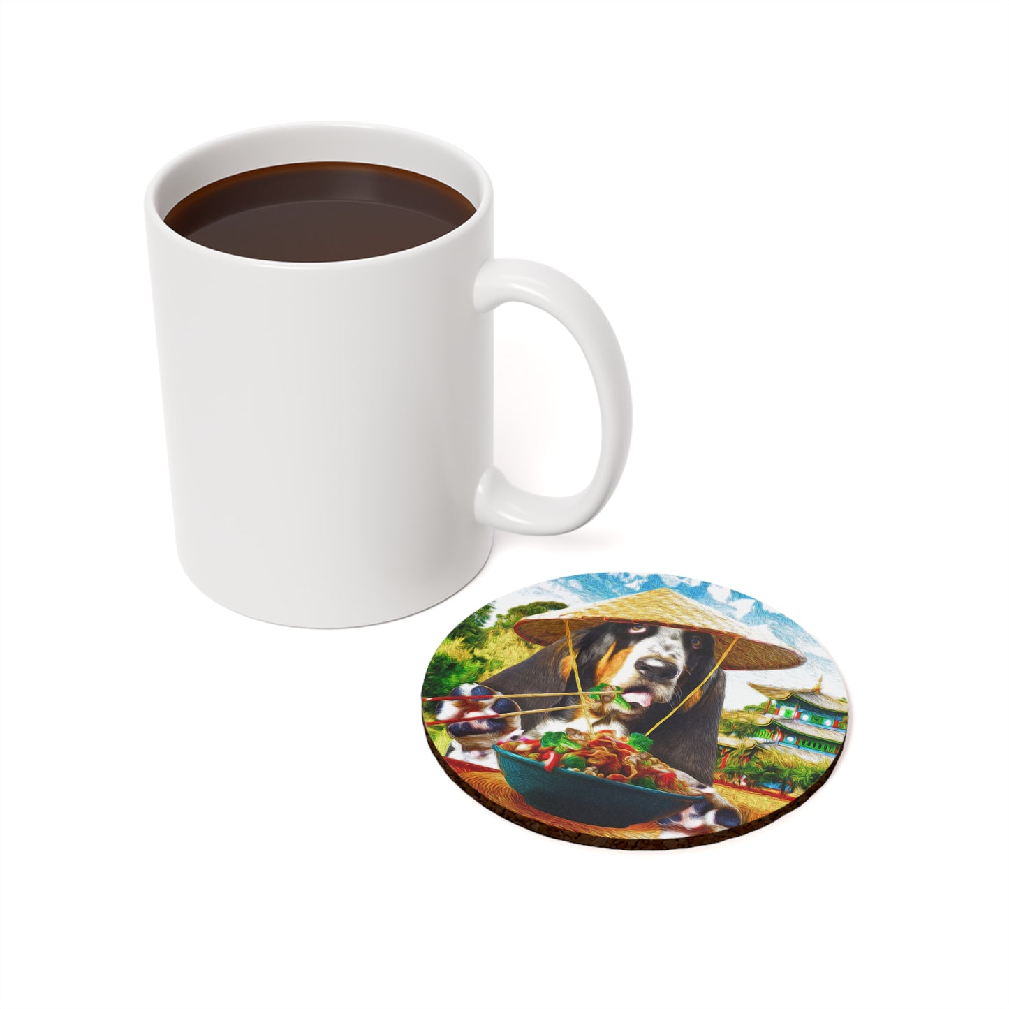 Basset Eating Chinese Food - Cork Back Coaster