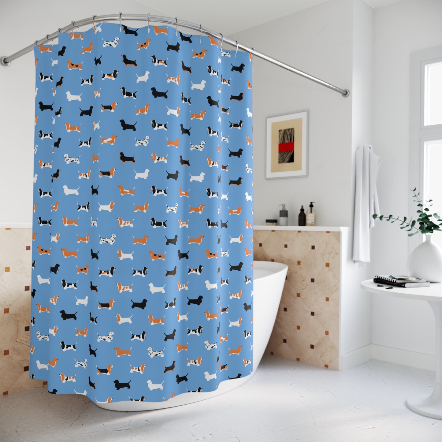 Basset Hound Pattern Shower Curtain – (light blue background)