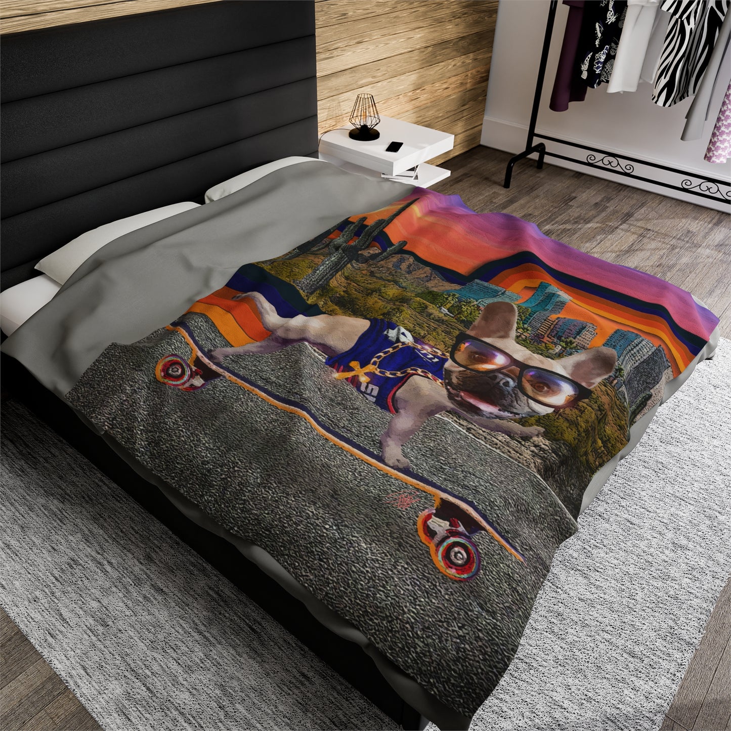 Frenchie Skating Phoenix - Velveteen Plush Blanket