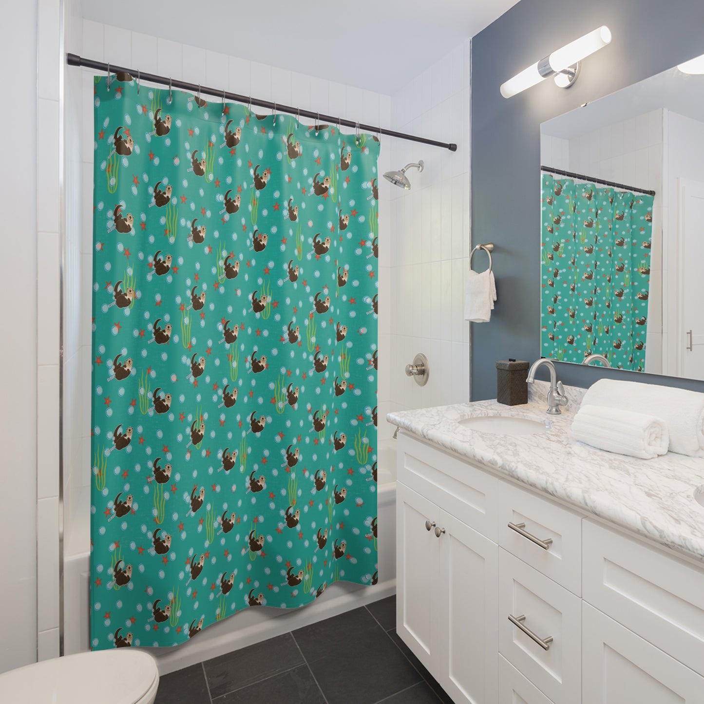 Farting Sea Otter (sea green water) Shower Curtain – Cute Underwater Sea Otter Bathroom Decor