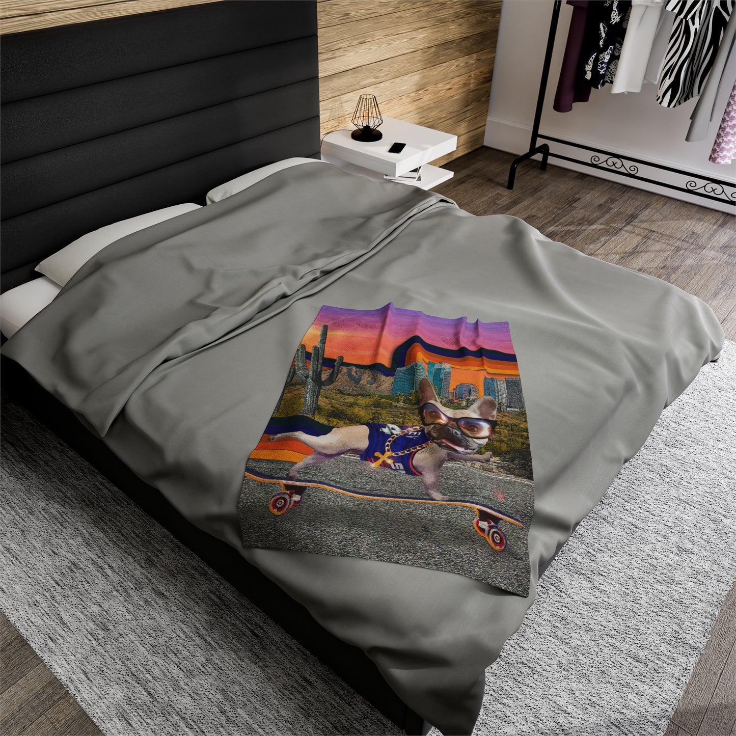 Frenchie Skating Phoenix - Velveteen Plush Blanket