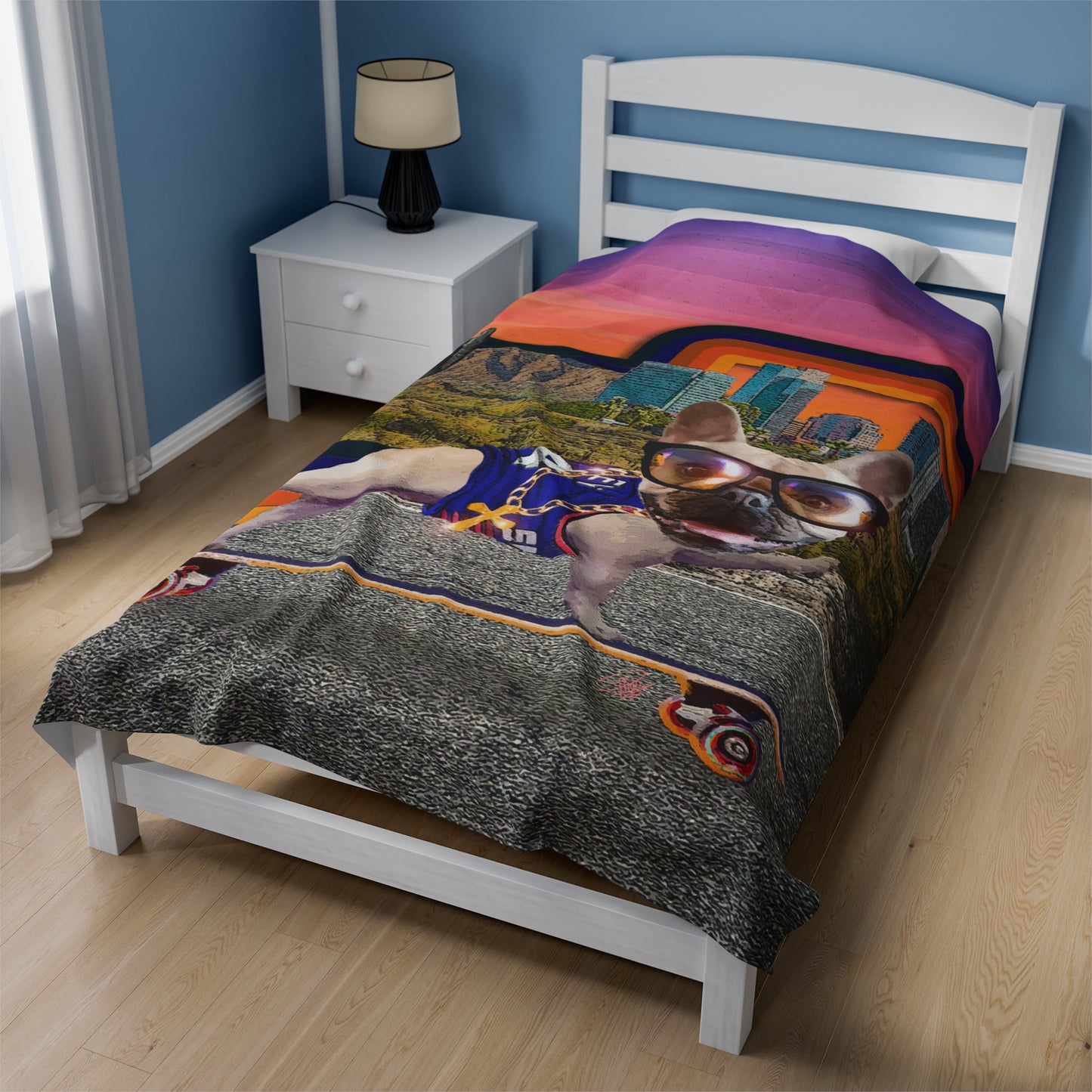 Frenchie Skating Phoenix - Velveteen Plush Blanket