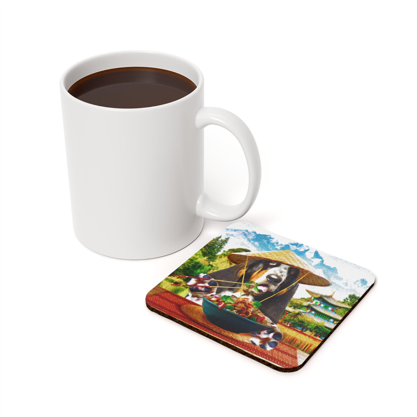 Basset Eating Chinese Food - Cork Back Coaster