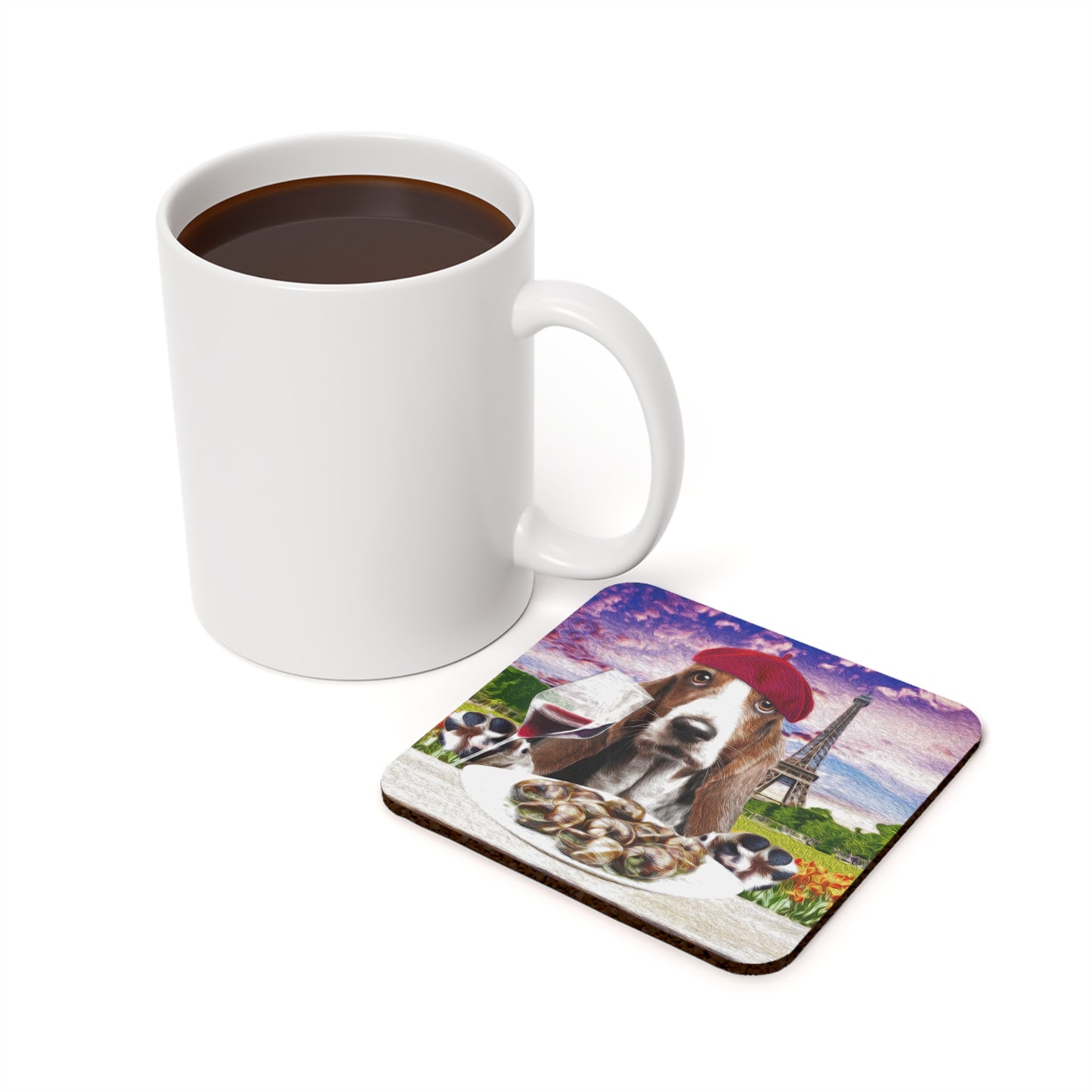 Basset Eating French Food - Cork Back Coaster
