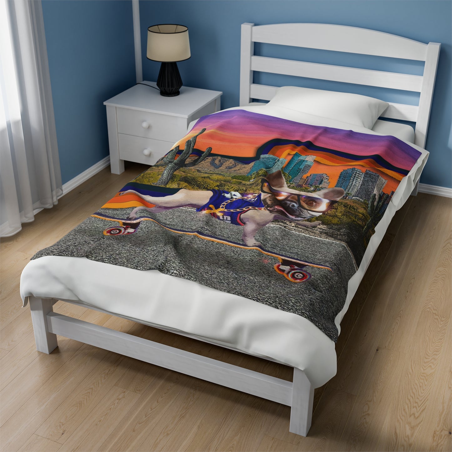 Frenchie Skating Phoenix - Velveteen Plush Blanket