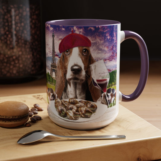 Basset Hound Eating in a French Parisian park - Coffee Mug - Perfect for Dog Lovers, Coffee Enthusiasts, Gifts, Home Decor, and More