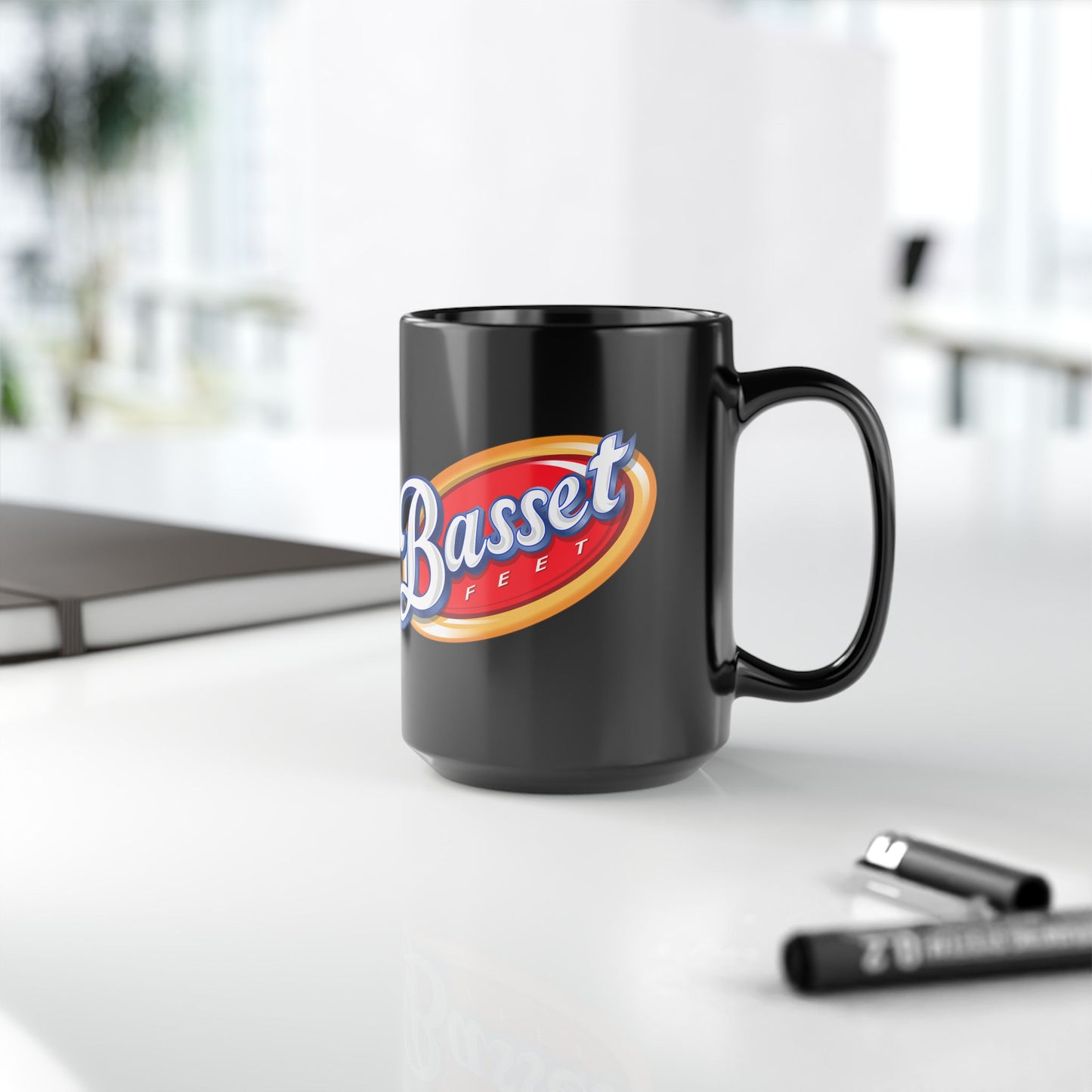 Corn Chips Parody Logo (smelly Basset feet!) - Black Mug, 15oz