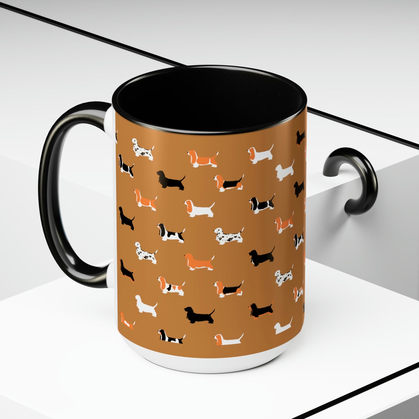 Basset Hound Pattern (Light Brown) - Two-Tone Coffee Mugs, 15oz