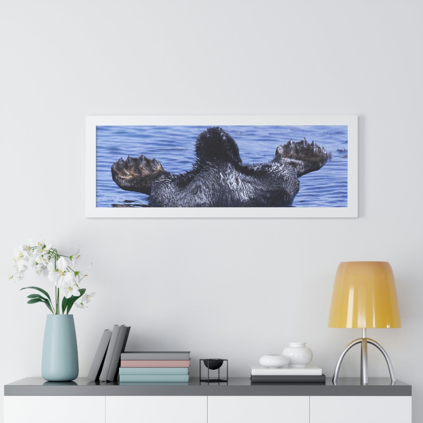 Sea Otter Butt - Sea otter diving for food - Framed Horizontal Poster