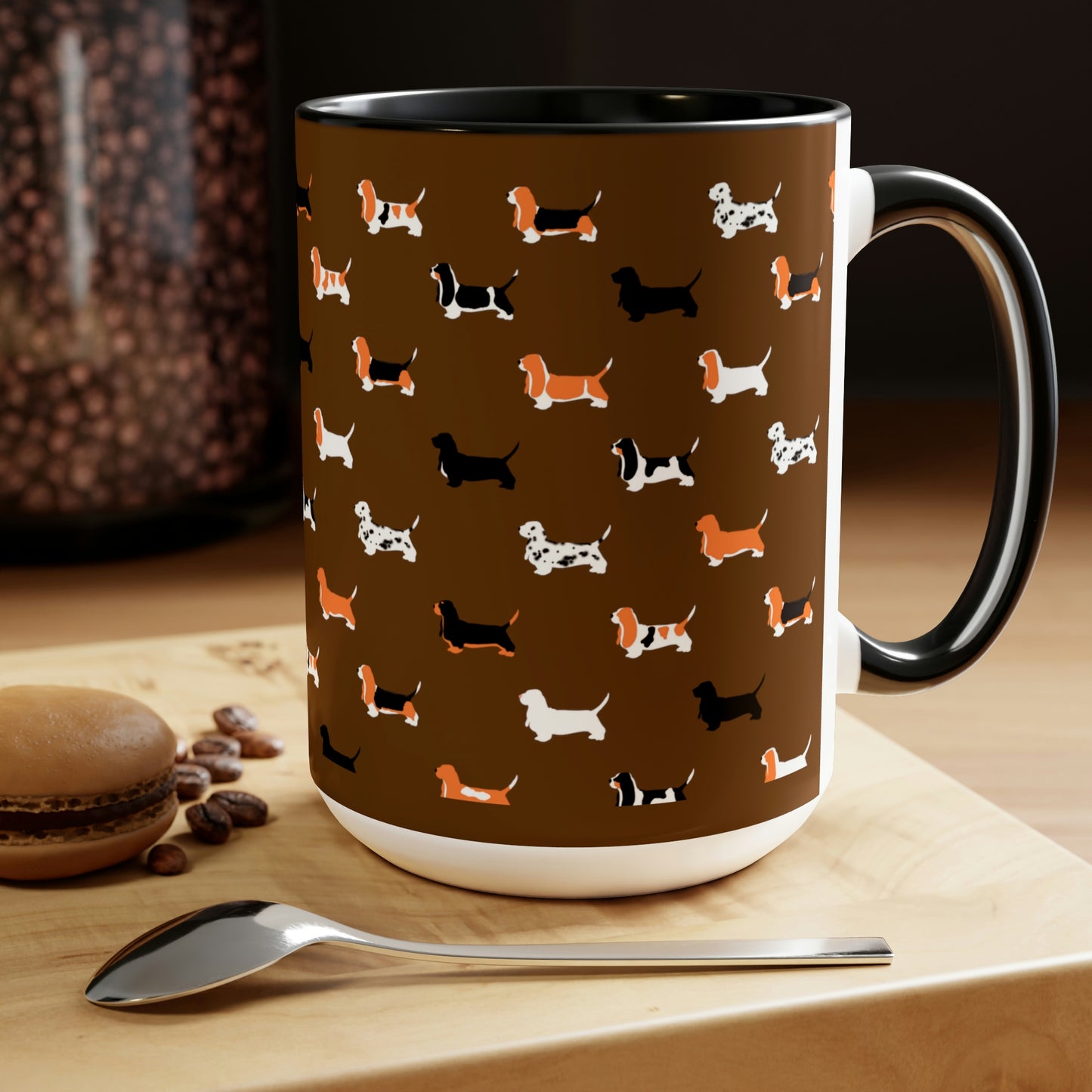 Basset Hound Pattern (Brown) - Two-Tone Coffee Mugs, 15oz