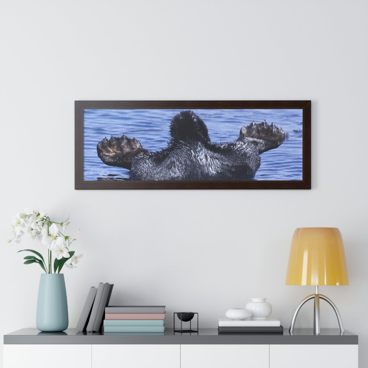 Sea Otter Butt - Sea otter diving for food - Framed Horizontal Poster