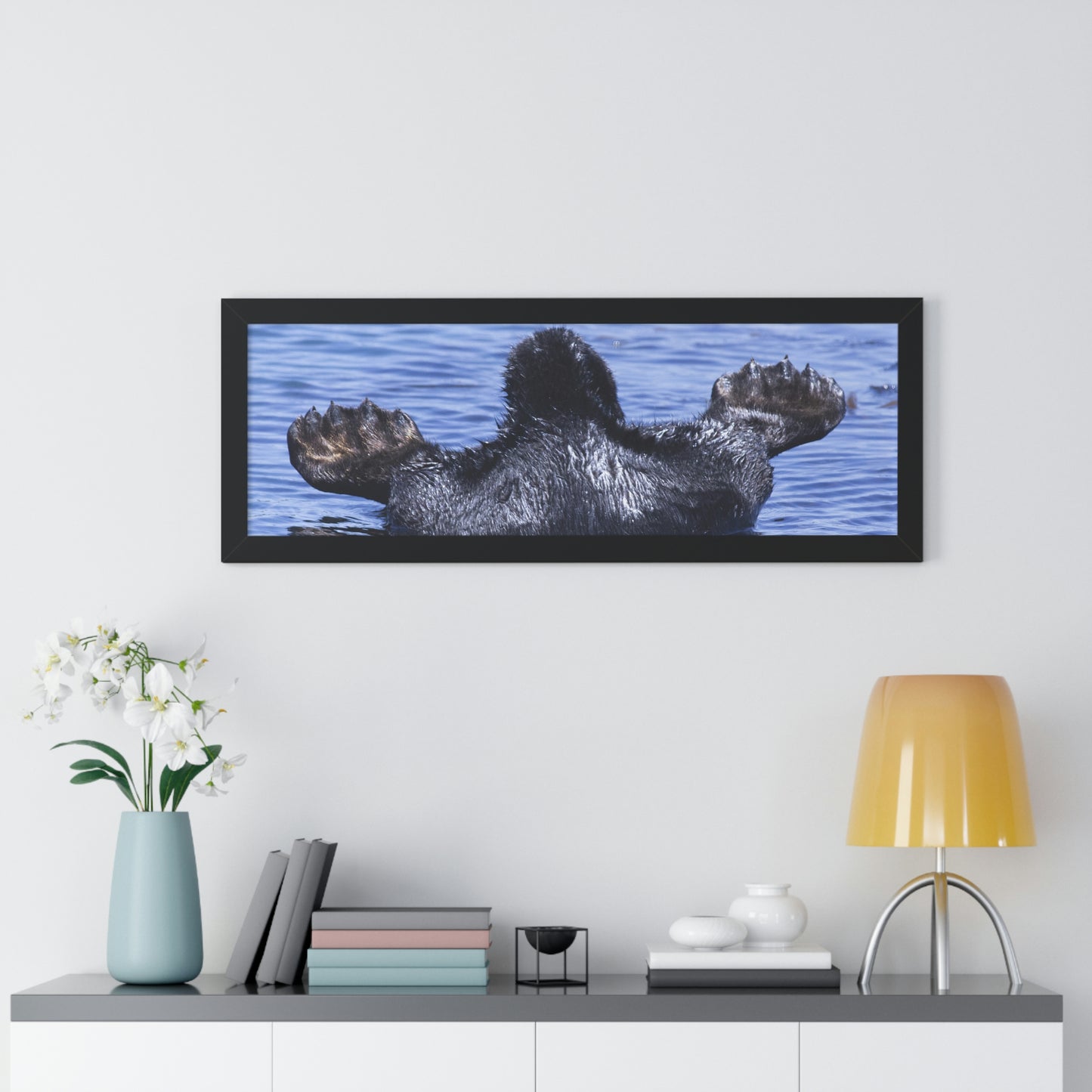 Sea Otter Butt - Sea otter diving for food - Framed Horizontal Poster