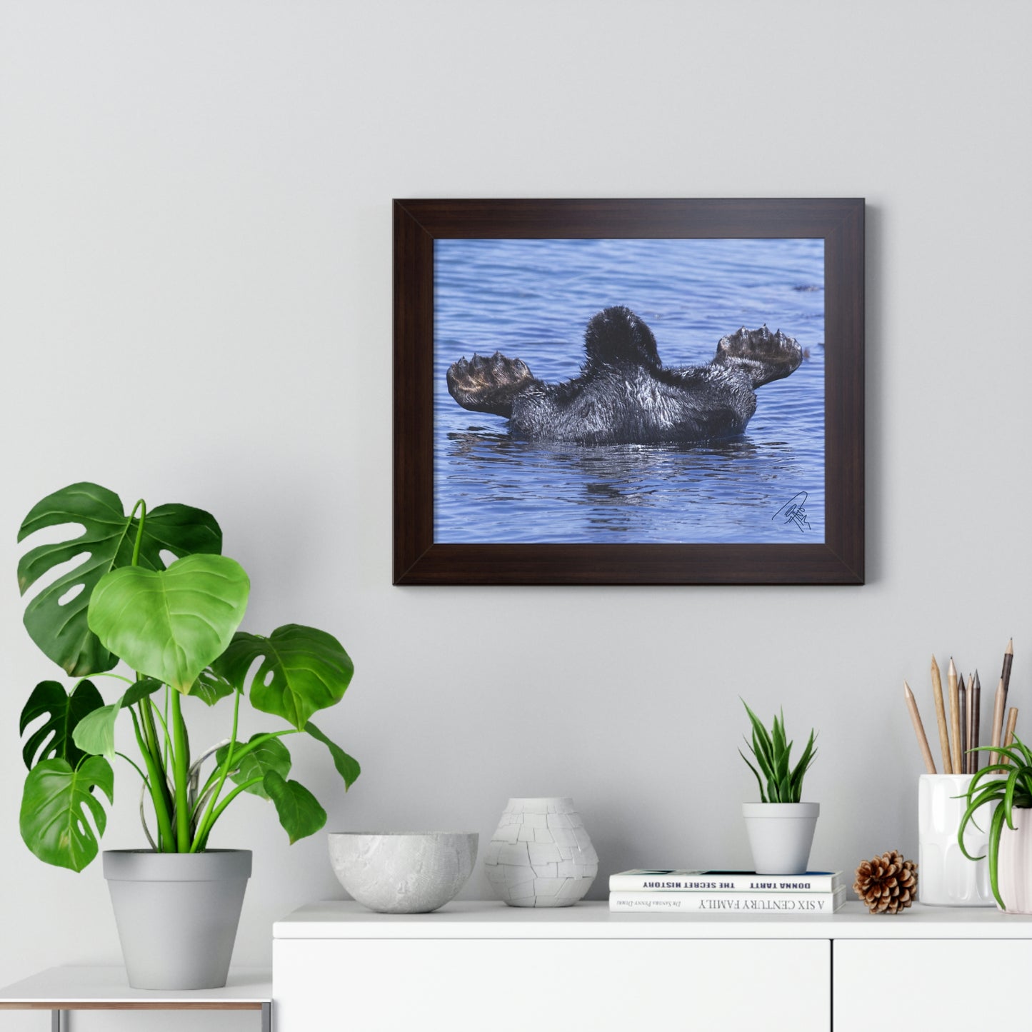 Sea Otter Butt - Sea otter diving for food - Framed Horizontal Poster