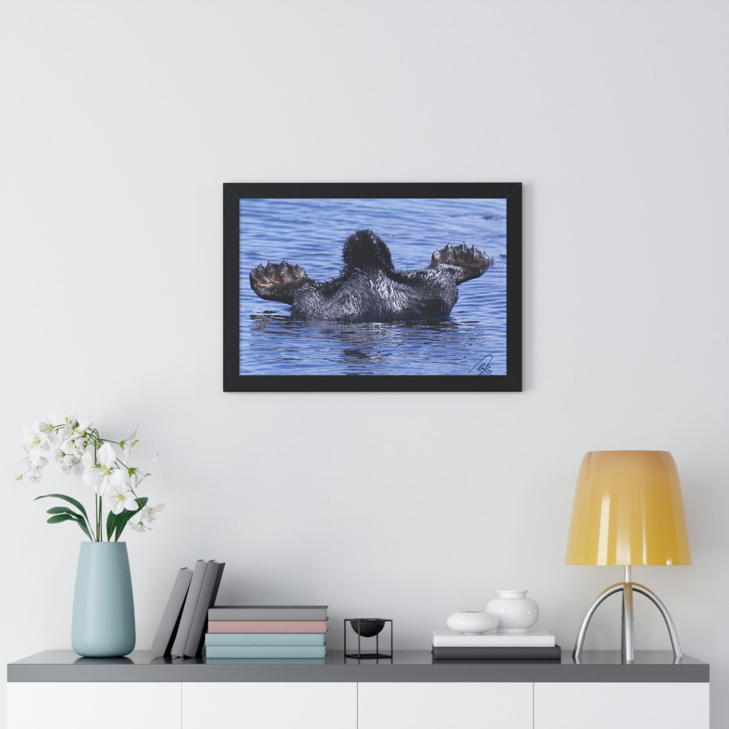 Sea Otter Butt - Sea otter diving for food - Framed Horizontal Poster