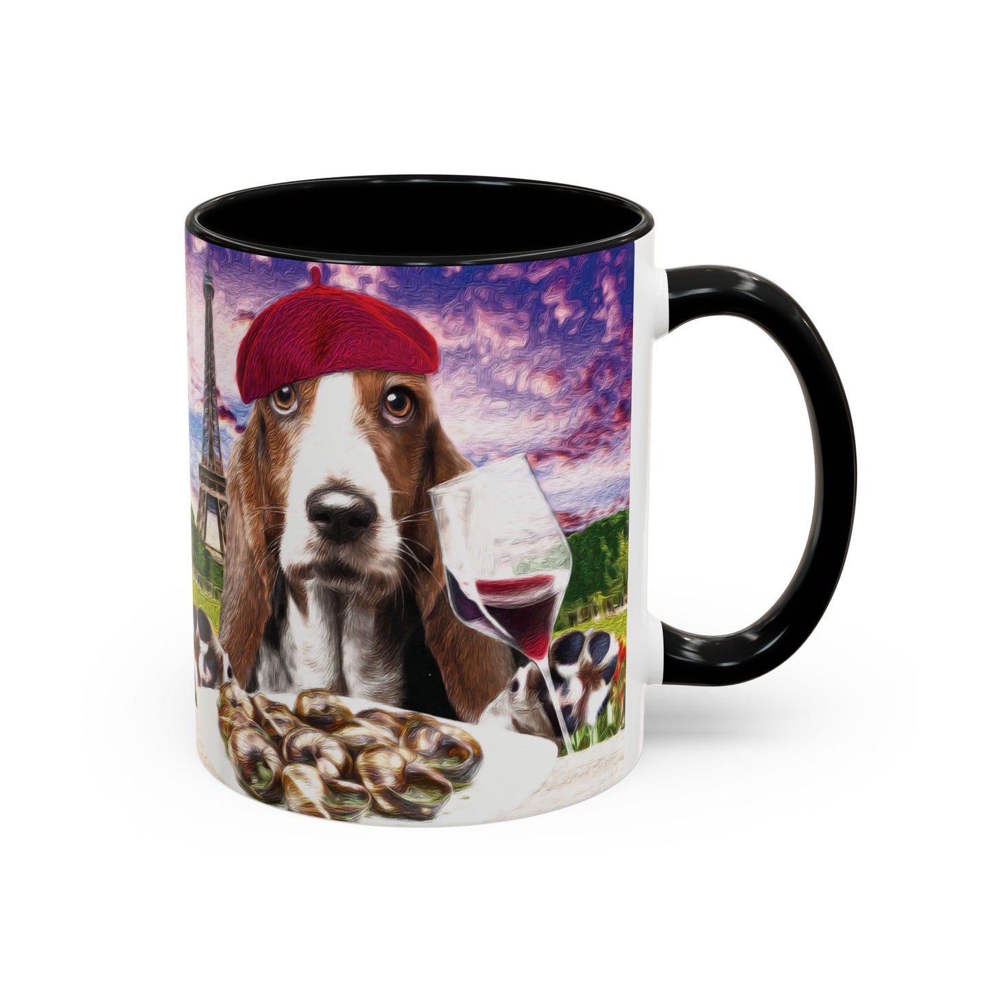 Basset Hound Eating in a French Parisian park - Coffee Mug - Perfect for Dog Lovers, Coffee Enthusiasts, Gifts, Home Decor, and More