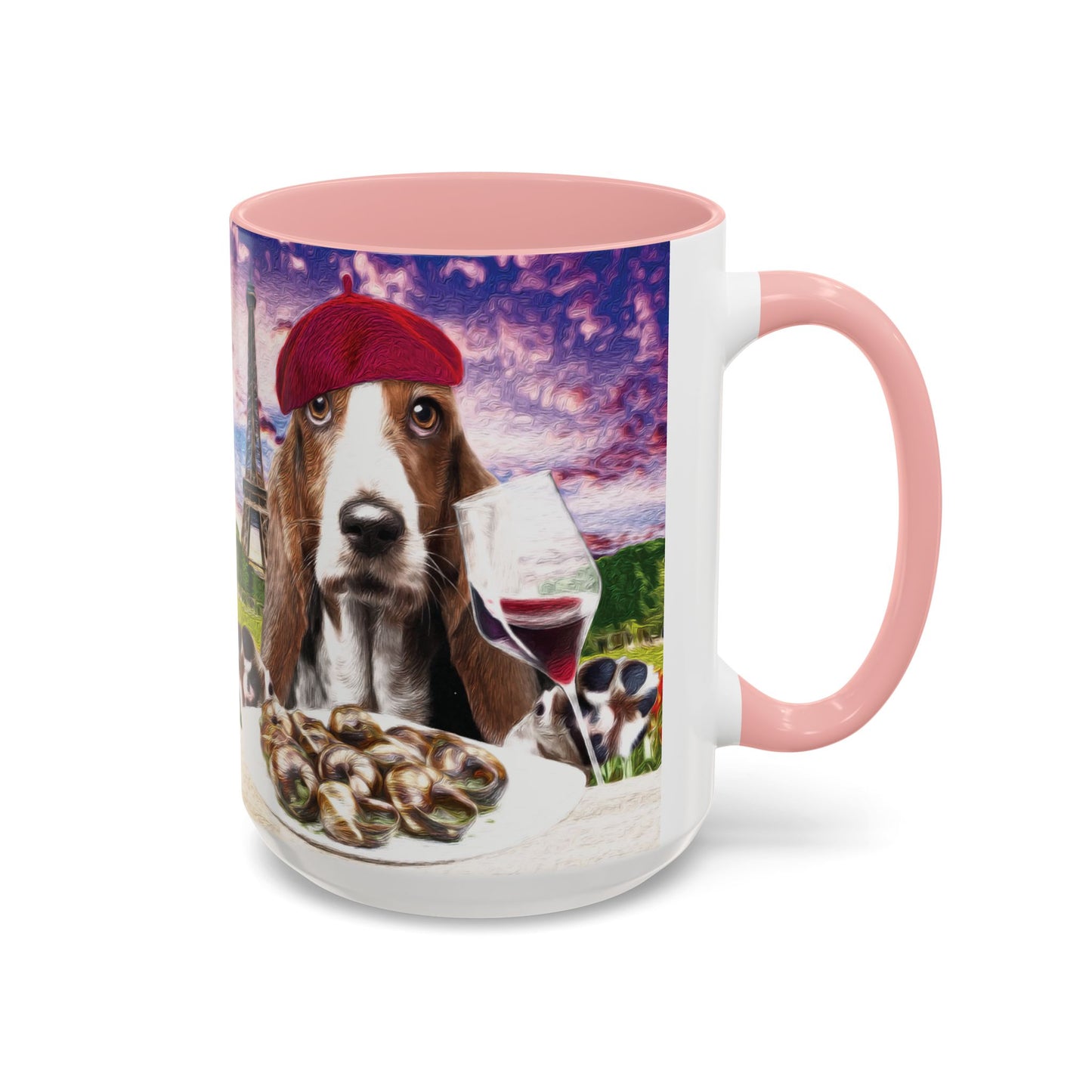 Basset Hound Eating in a French Parisian park - Coffee Mug - Perfect for Dog Lovers, Coffee Enthusiasts, Gifts, Home Decor, and More