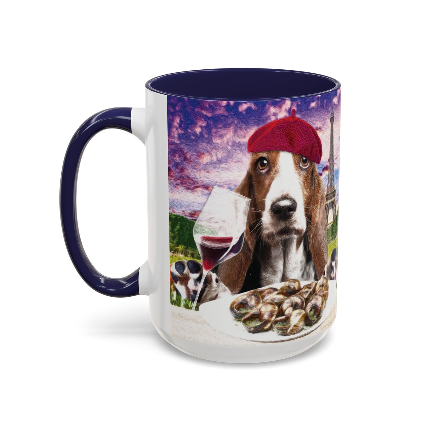 Basset Hound Eating in a French Parisian park - Coffee Mug - Perfect for Dog Lovers, Coffee Enthusiasts, Gifts, Home Decor, and More