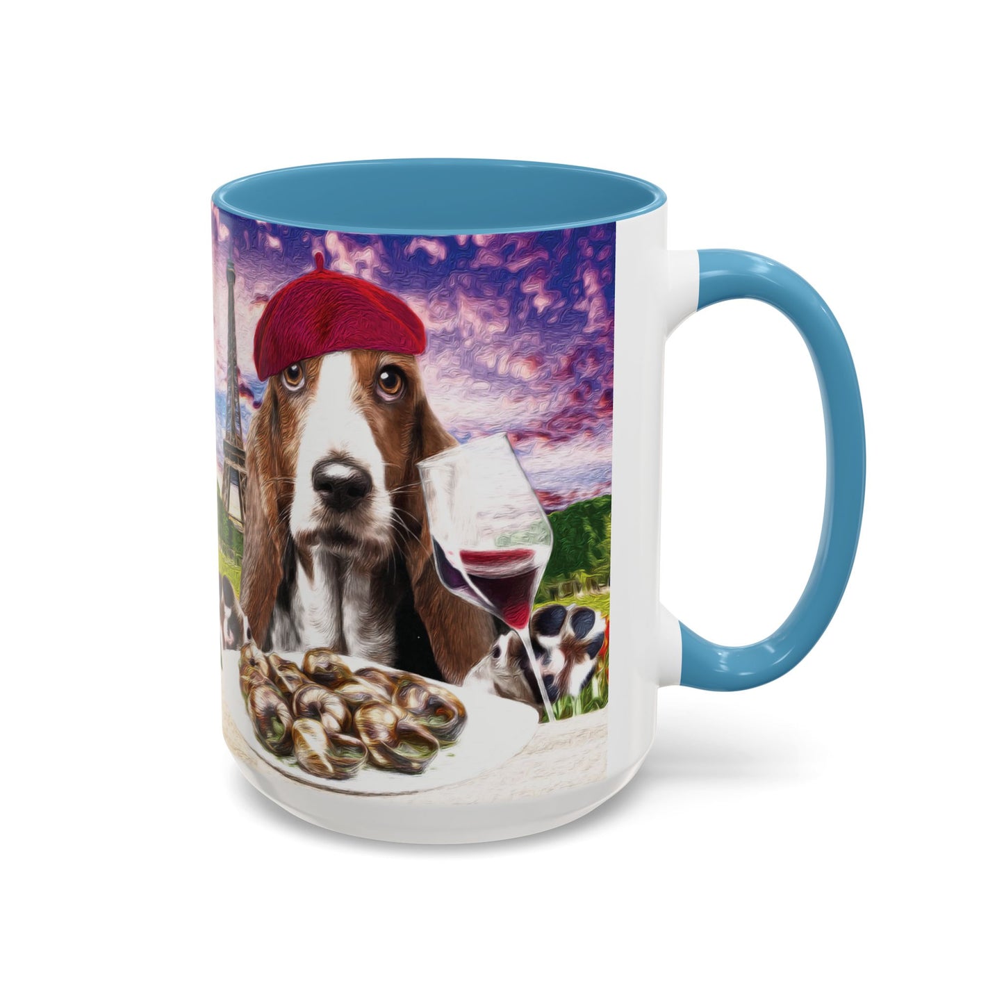 Basset Hound Eating in a French Parisian park - Coffee Mug - Perfect for Dog Lovers, Coffee Enthusiasts, Gifts, Home Decor, and More