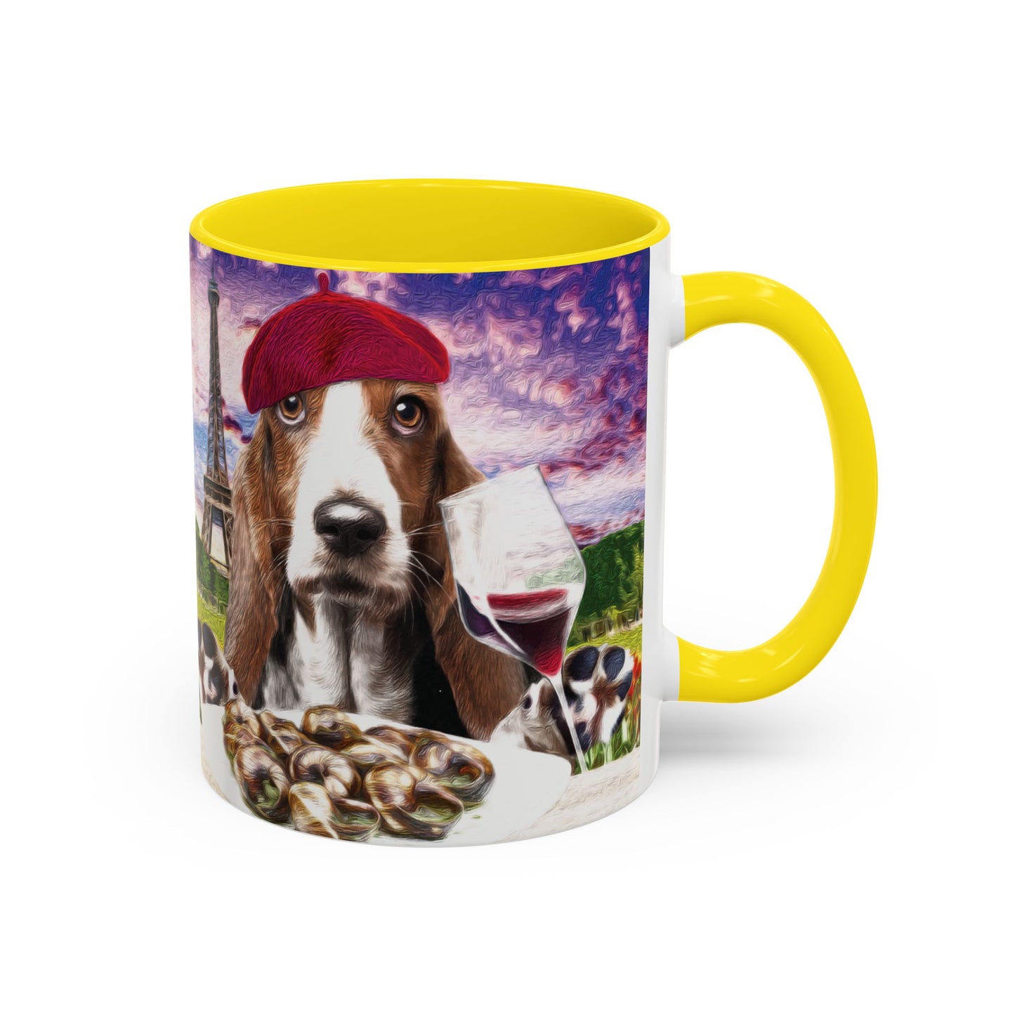 Basset Hound Eating in a French Parisian park - Coffee Mug - Perfect for Dog Lovers, Coffee Enthusiasts, Gifts, Home Decor, and More
