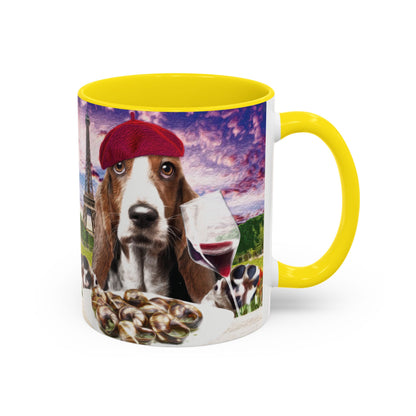 Basset Hound Eating in a French Parisian park - Coffee Mug - Perfect for Dog Lovers, Coffee Enthusiasts, Gifts, Home Decor, and More