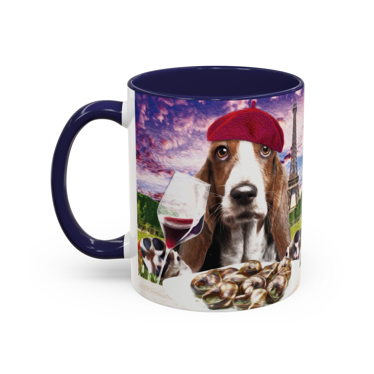 Basset Hound Eating in a French Parisian park - Coffee Mug - Perfect for Dog Lovers, Coffee Enthusiasts, Gifts, Home Decor, and More