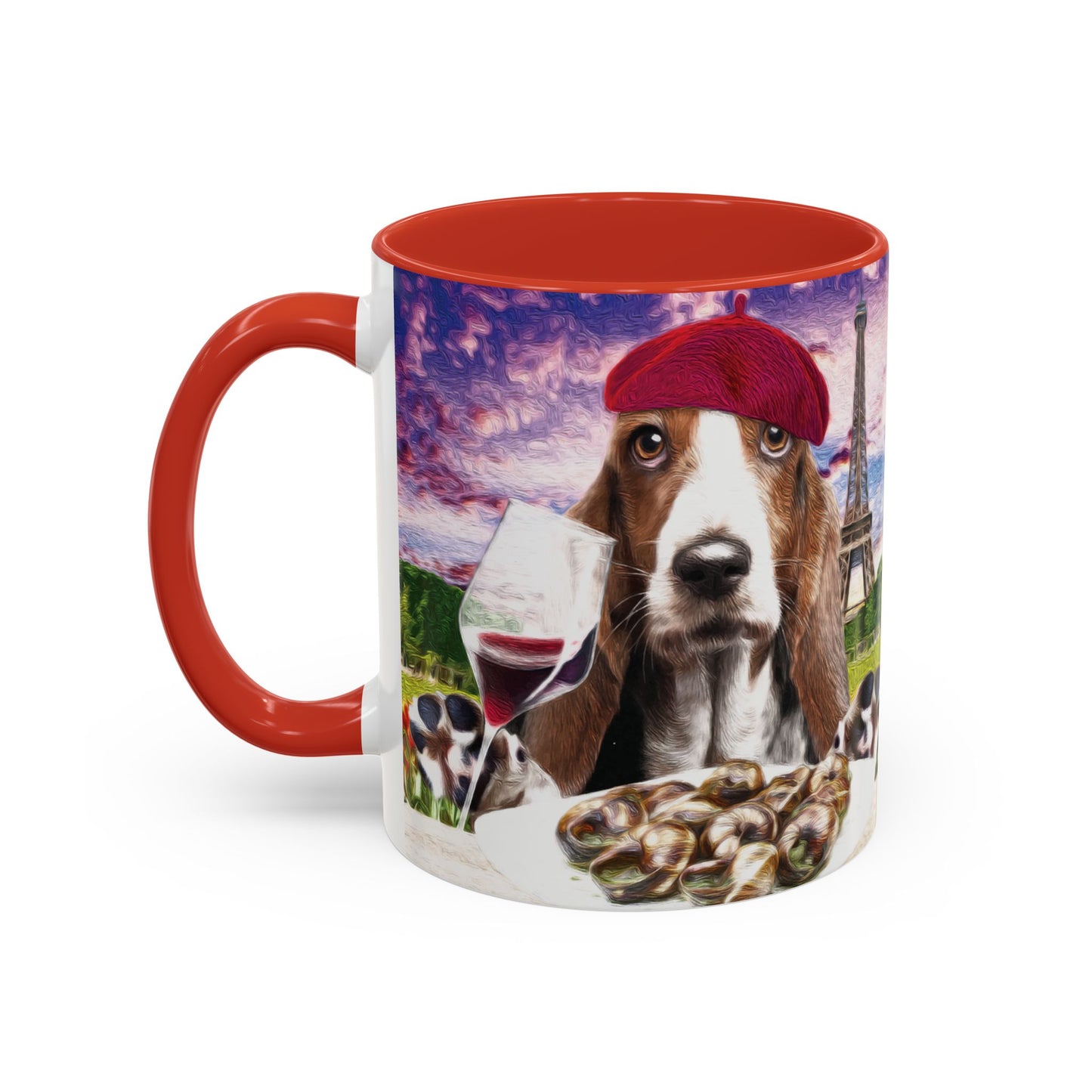 Basset Hound Eating in a French Parisian park - Coffee Mug - Perfect for Dog Lovers, Coffee Enthusiasts, Gifts, Home Decor, and More