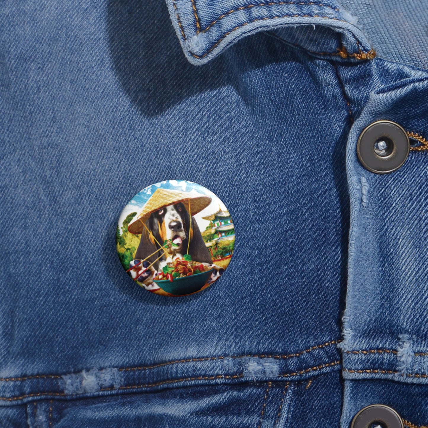Basset Hound Pin Button - Hound in Chinese Village Eating Chinese Food
