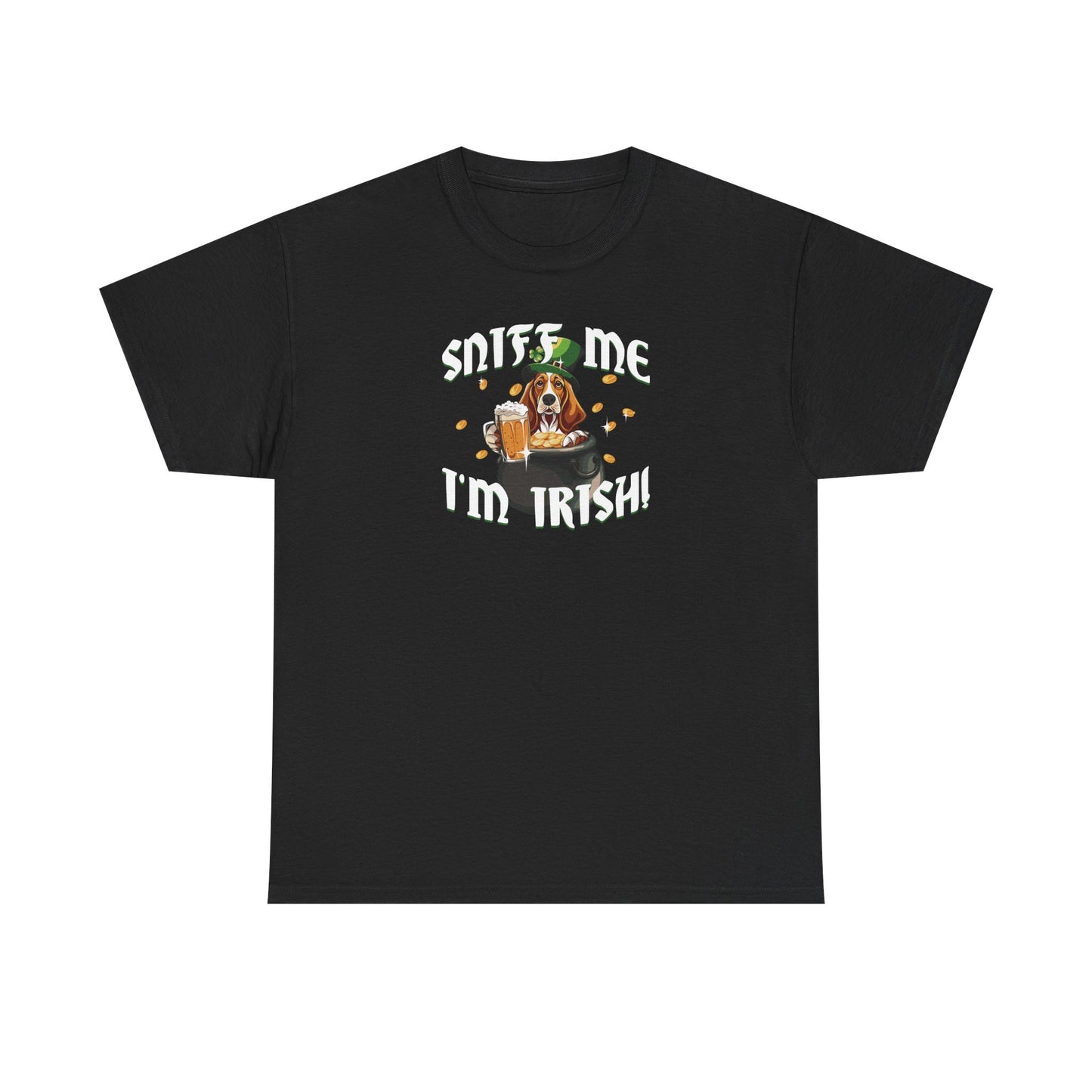St. Patrick's Day Basset Hound Tee - 'Sniff Me I'm Irish!' Unisex Heavy Cotton T-Shirt