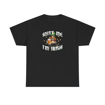 St. Patrick's Day Basset Hound Tee - 'Sniff Me I'm Irish!' Unisex Heavy Cotton T-Shirt