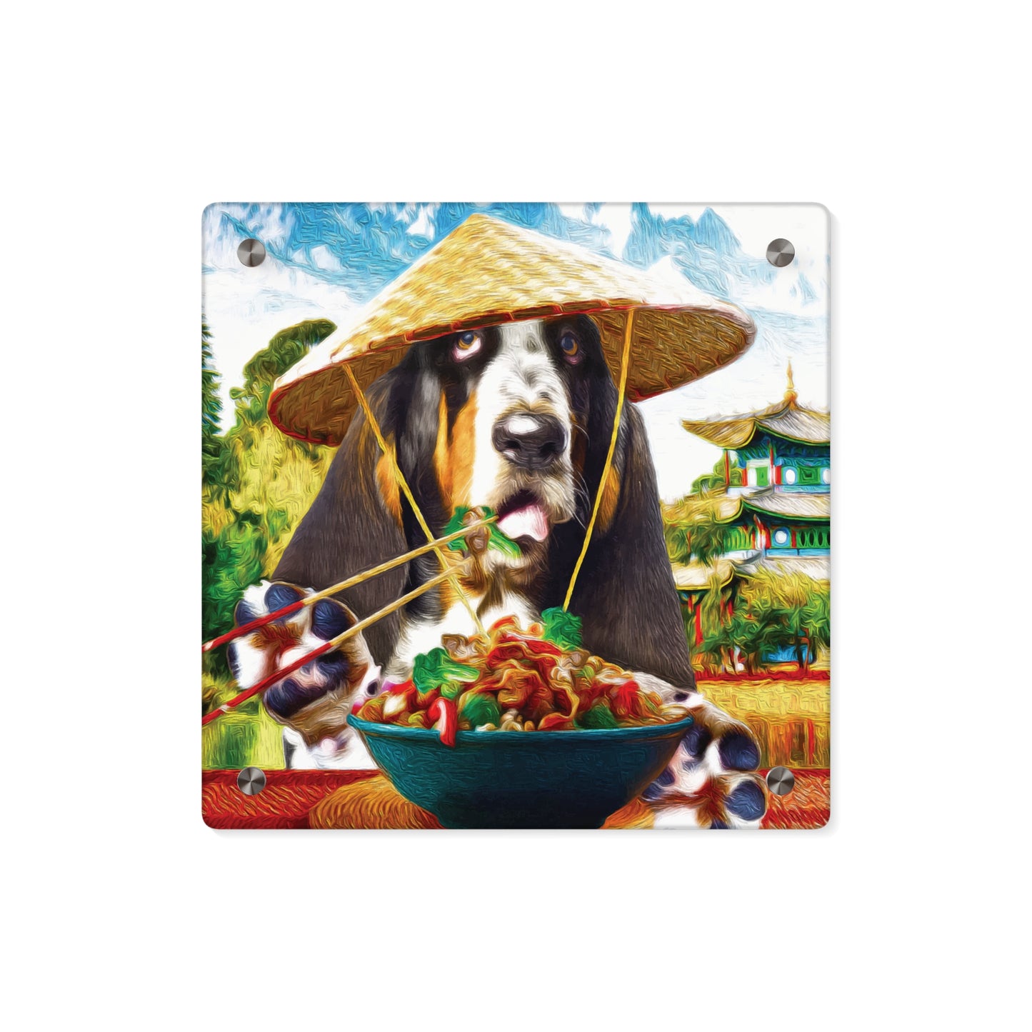 Basset Eating Chinese Food - Acrylic Wall Art Panels