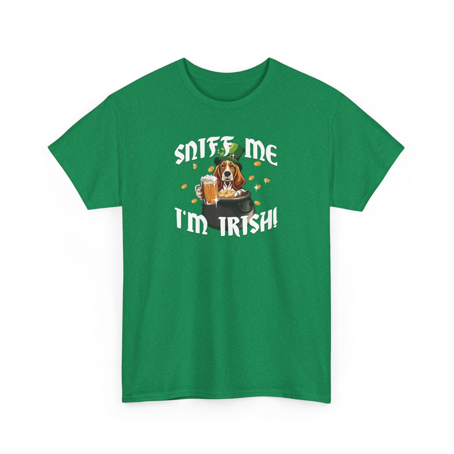 St. Patrick's Day Basset Hound Tee - 'Sniff Me I'm Irish!' Unisex Heavy Cotton T-Shirt