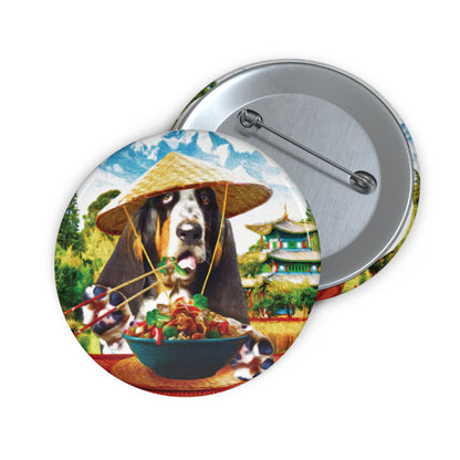 Basset Hound Pin Button - Hound in Chinese Village Eating Chinese Food