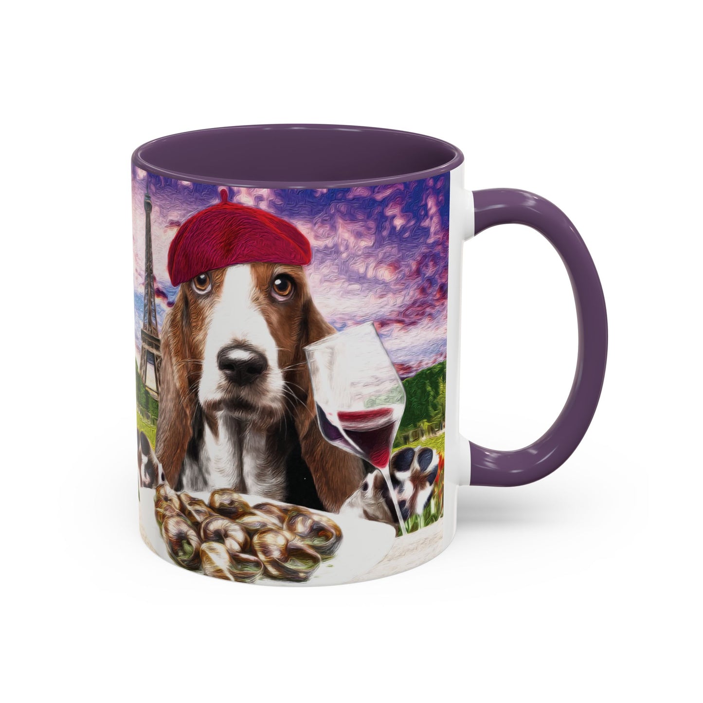 Basset Hound Eating in a French Parisian park - Coffee Mug - Perfect for Dog Lovers, Coffee Enthusiasts, Gifts, Home Decor, and More