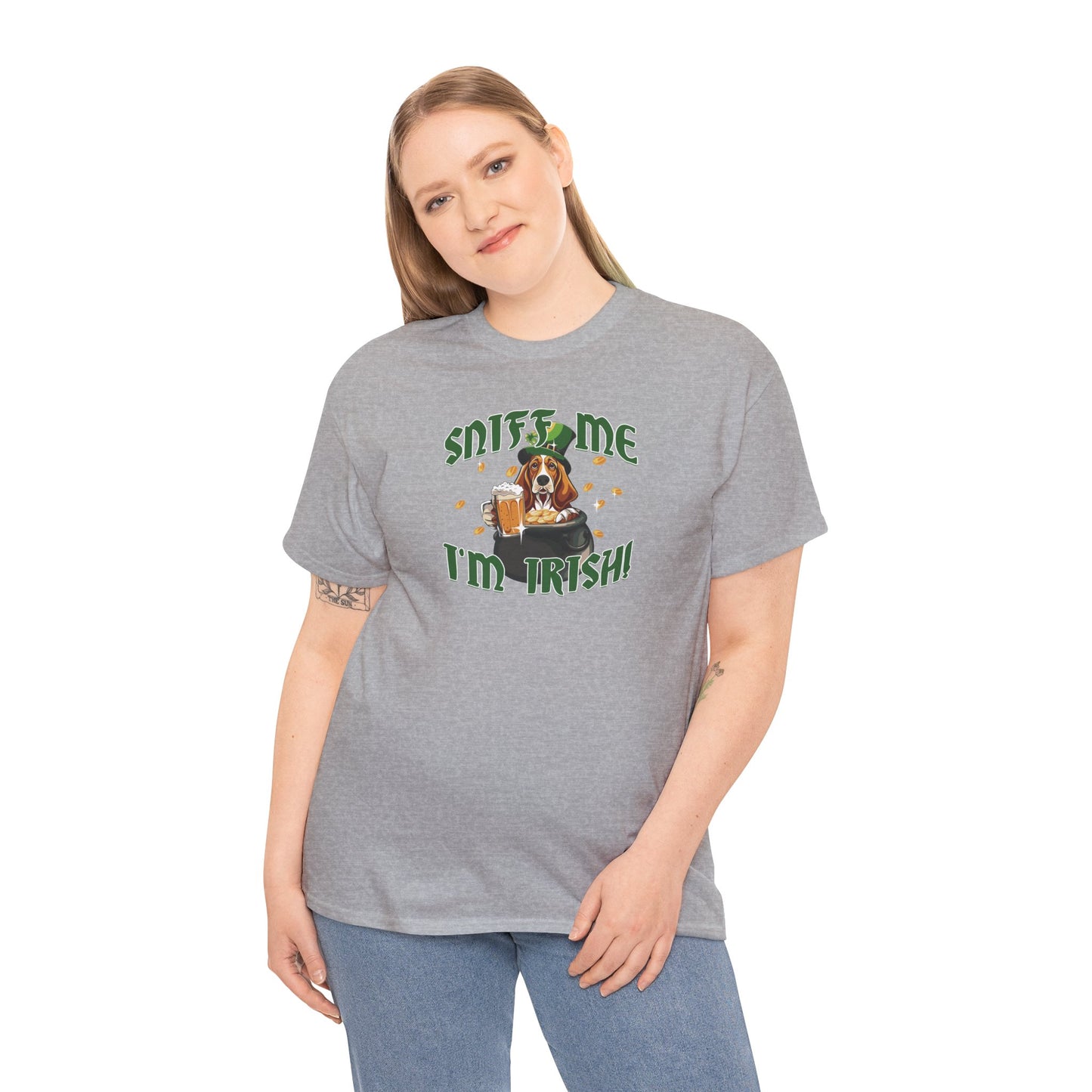 St. Patrick's Day Basset Hound Tee - 'Sniff Me I'm Irish!' Unisex Heavy Cotton T-Shirt
