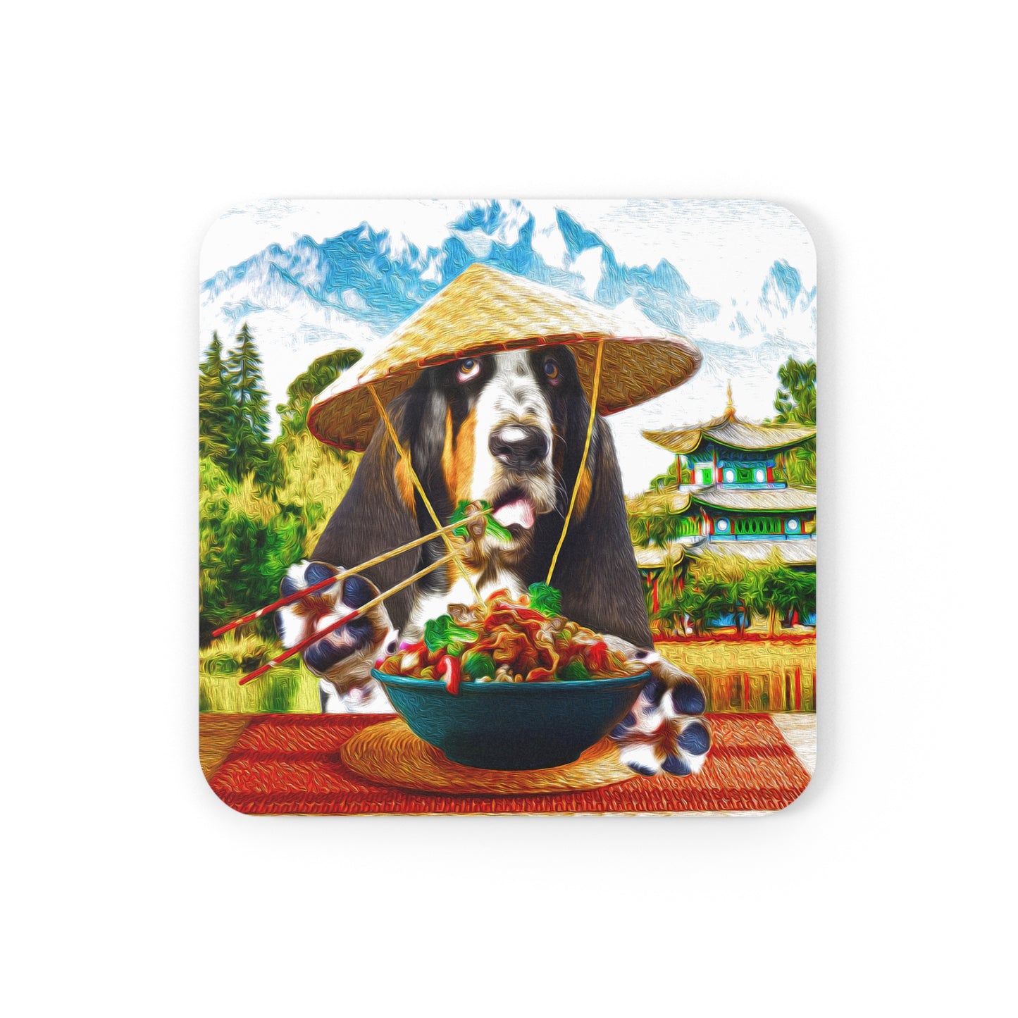 Basset Eating Chinese Food - Cork Back Coaster