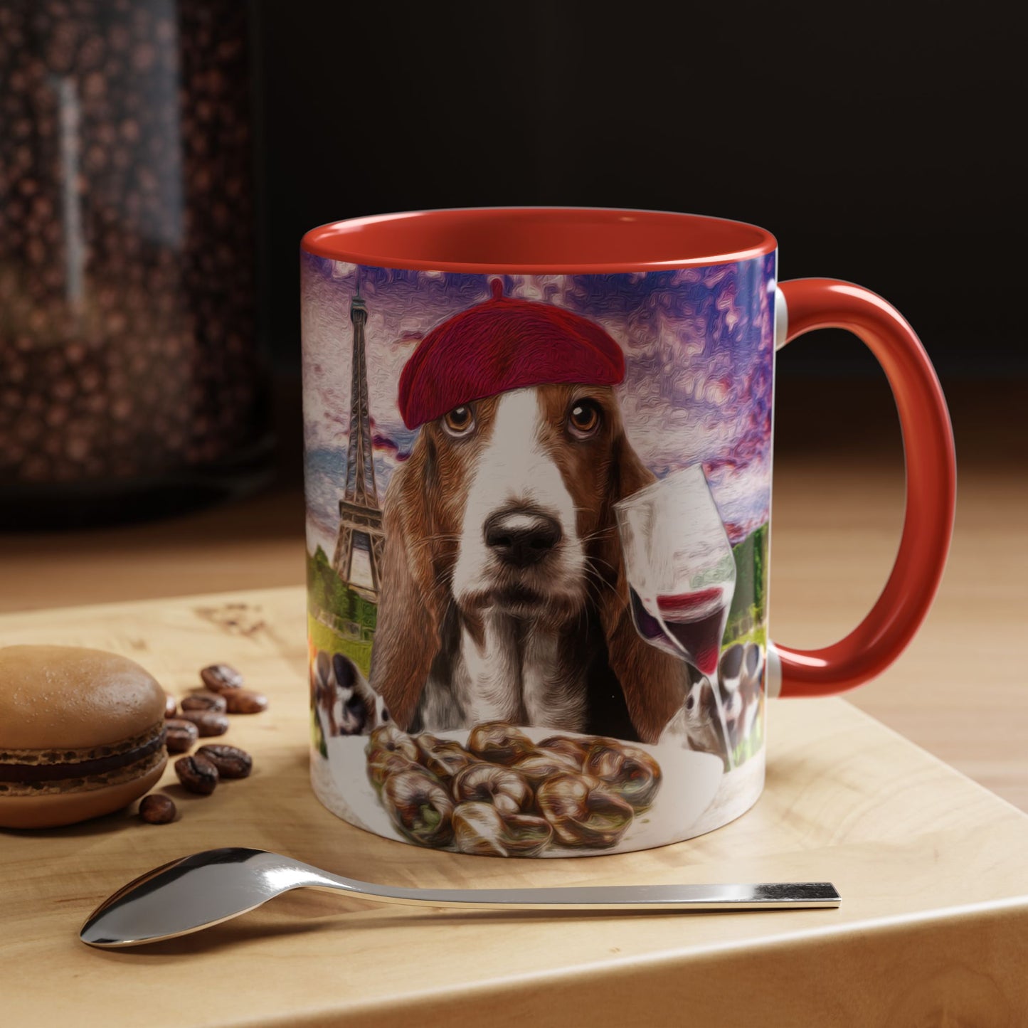 Basset Hound Eating in a French Parisian park - Coffee Mug - Perfect for Dog Lovers, Coffee Enthusiasts, Gifts, Home Decor, and More
