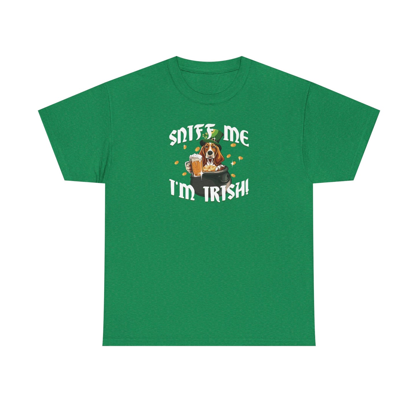 St. Patrick's Day Basset Hound Tee - 'Sniff Me I'm Irish!' Unisex Heavy Cotton T-Shirt