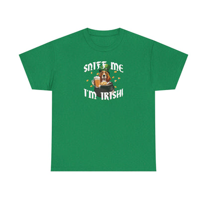 St. Patrick's Day Basset Hound Tee - 'Sniff Me I'm Irish!' Unisex Heavy Cotton T-Shirt