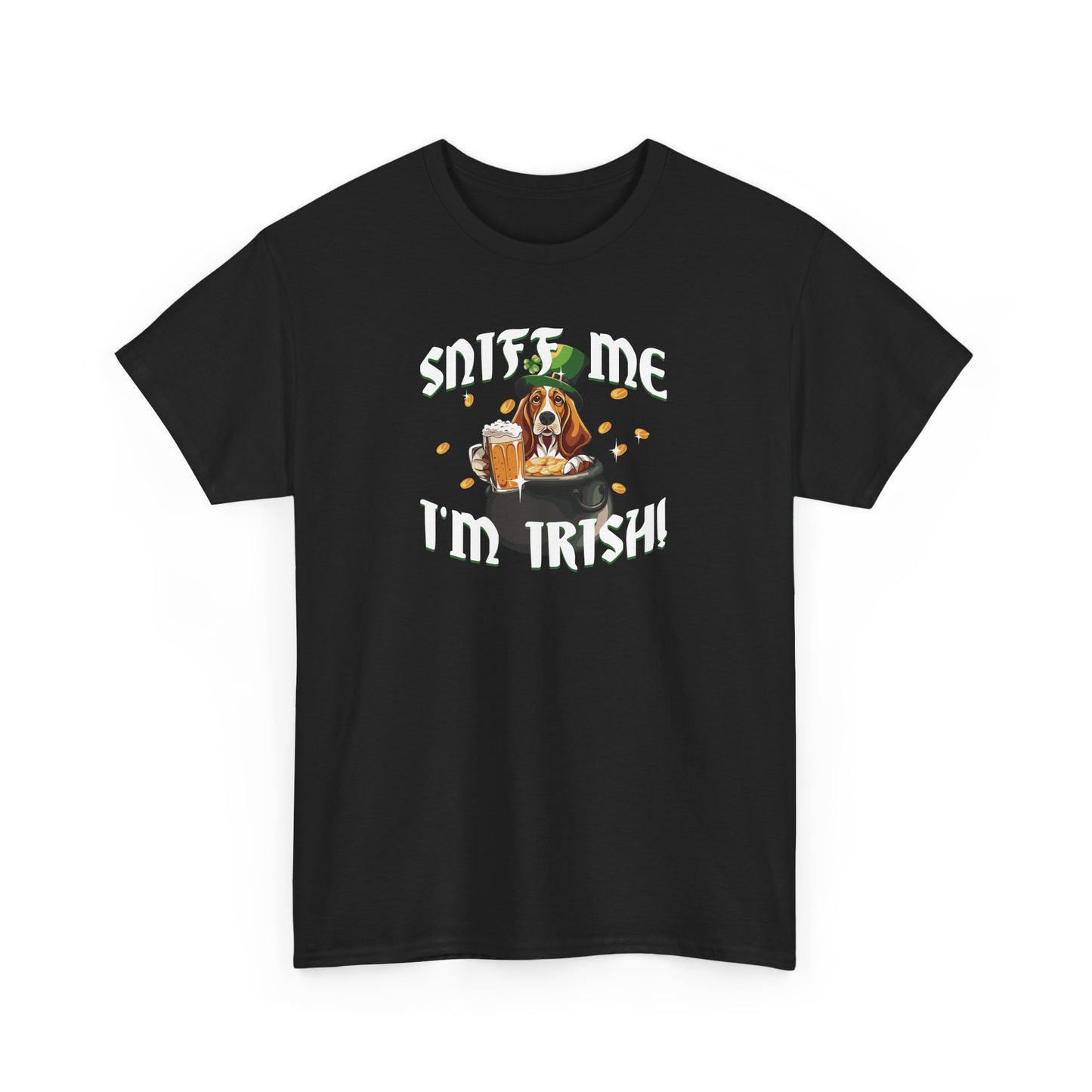 St. Patrick's Day Basset Hound Tee - 'Sniff Me I'm Irish!' Unisex Heavy Cotton T-Shirt