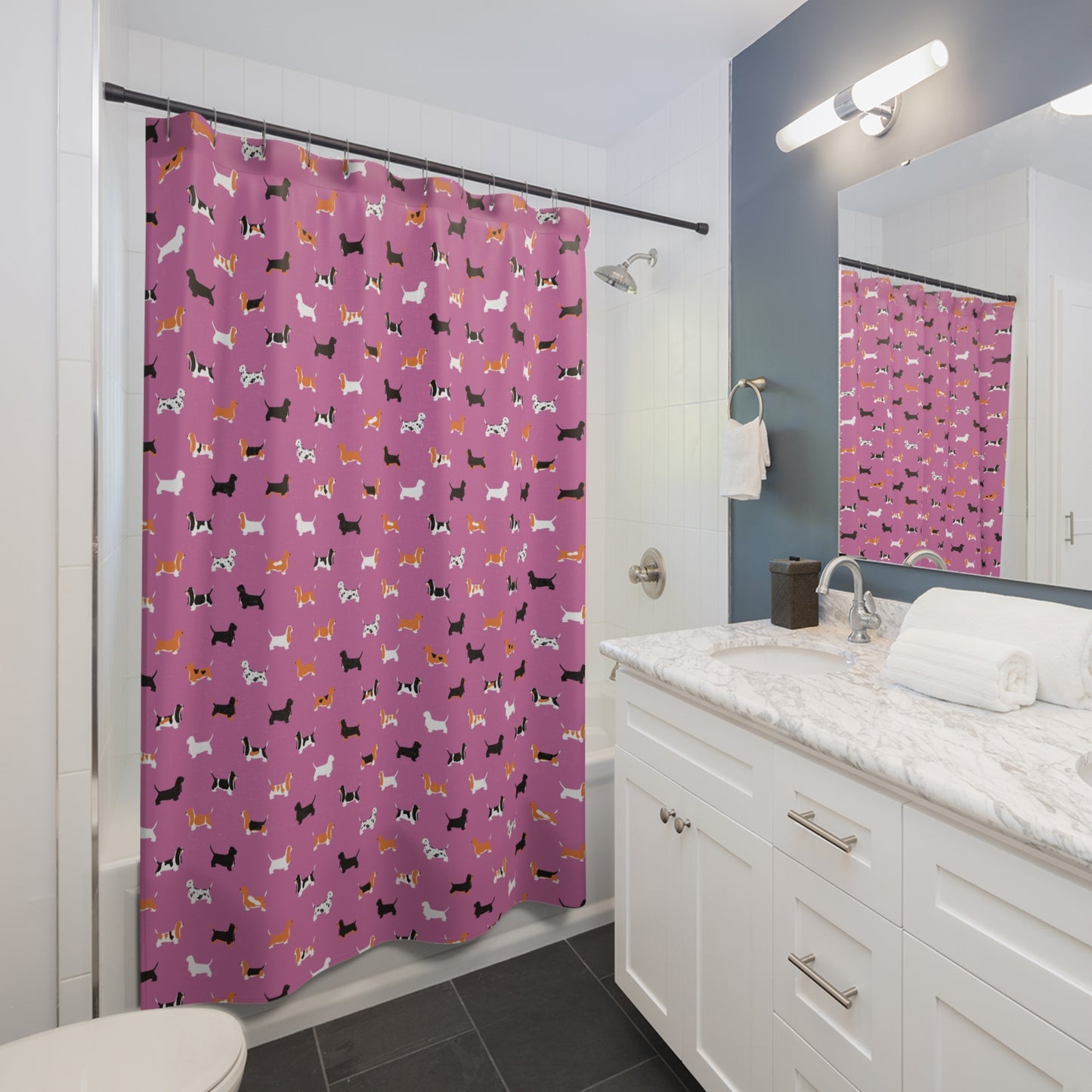 Basset Hound Pattern Shower Curtain – (pink background)