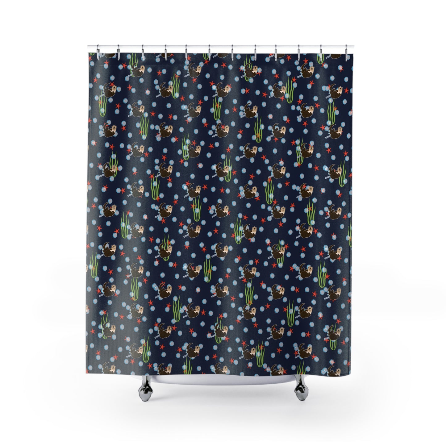 Farting Sea Otter (navy blue water) Shower Curtain – Cute Underwater Sea Otter Bathroom Decor
