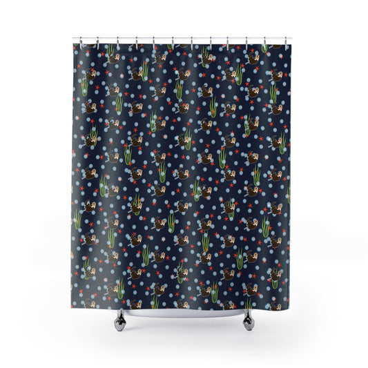 Farting Sea Otter (navy blue water) Shower Curtain – Cute Underwater Sea Otter Bathroom Decor
