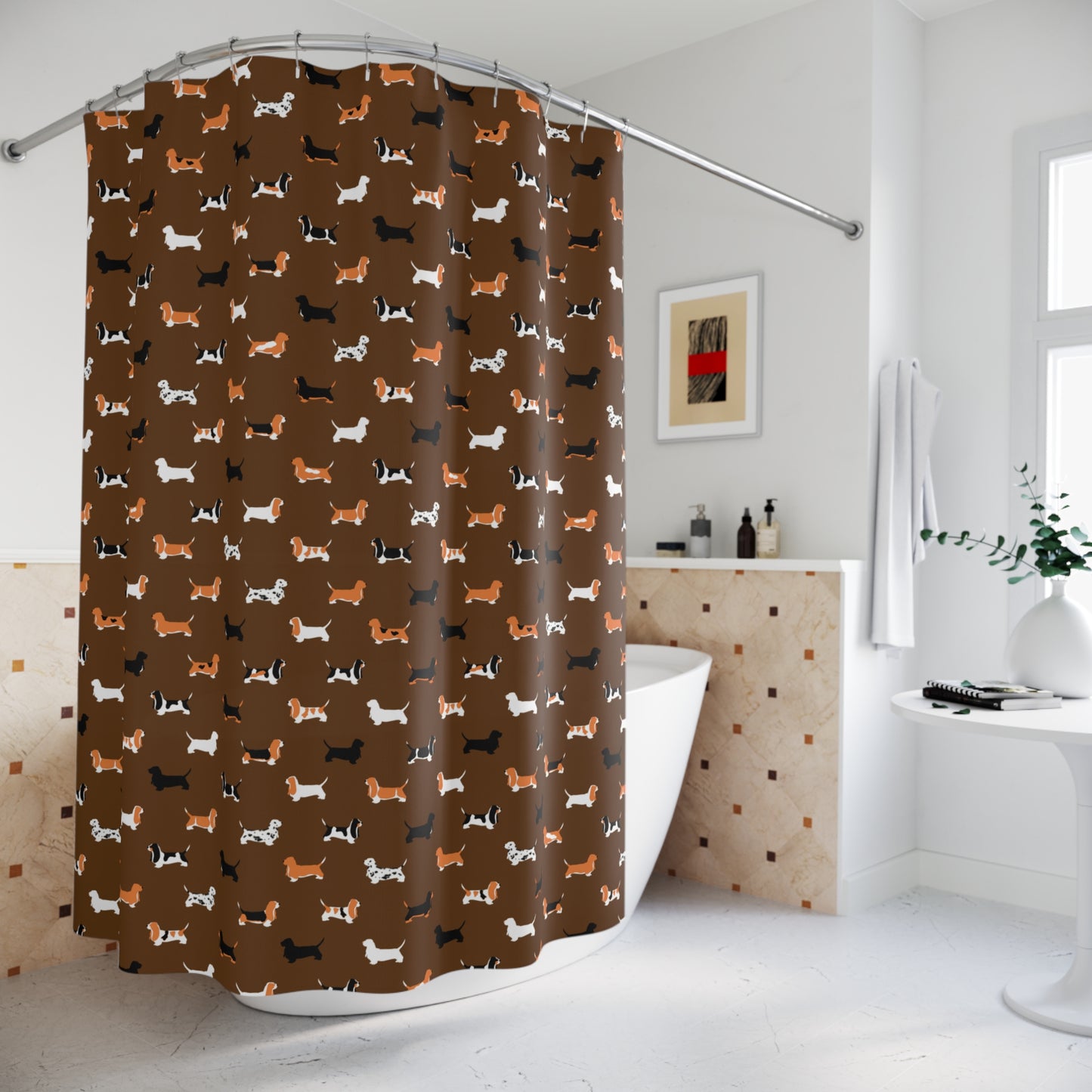 Basset Hound Pattern Shower Curtain – (brown background)