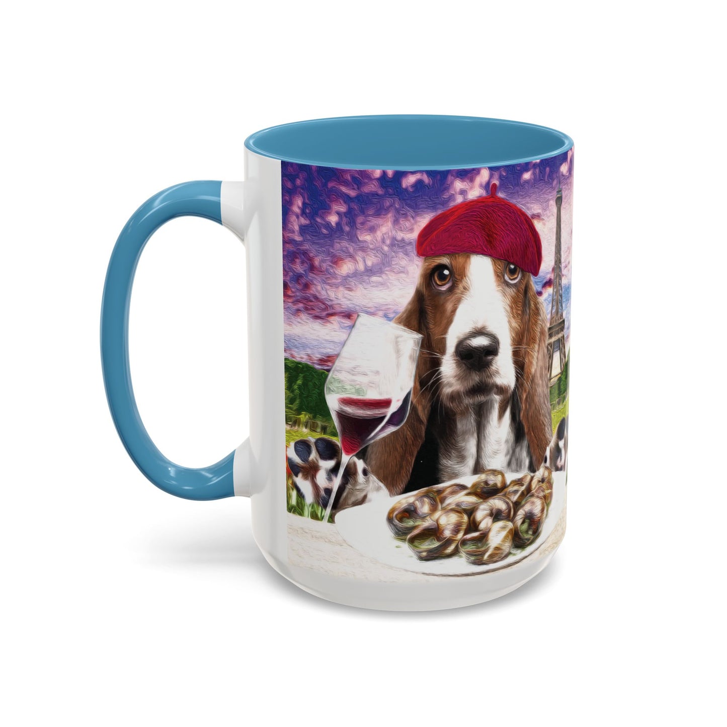 Basset Hound Eating in a French Parisian park - Coffee Mug - Perfect for Dog Lovers, Coffee Enthusiasts, Gifts, Home Decor, and More