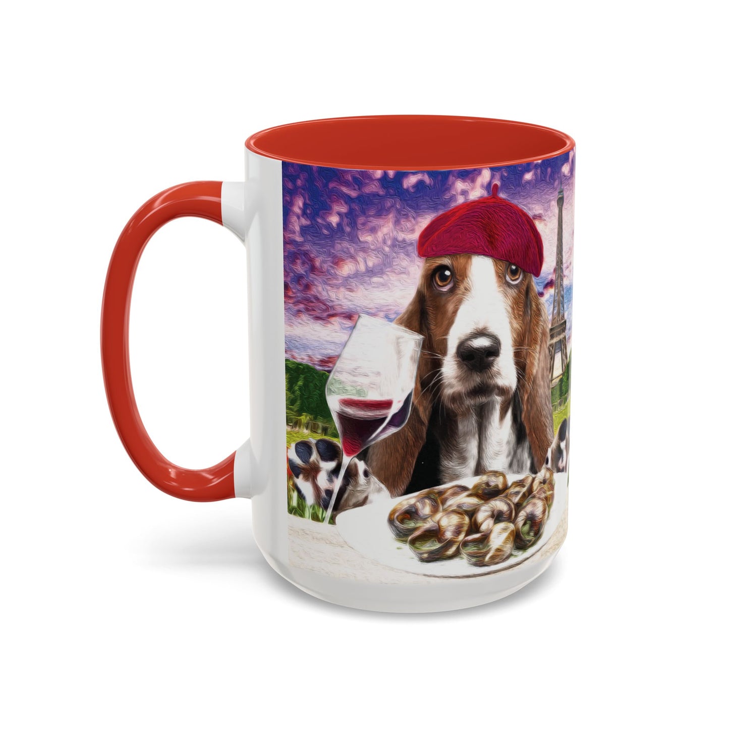 Basset Hound Eating in a French Parisian park - Coffee Mug - Perfect for Dog Lovers, Coffee Enthusiasts, Gifts, Home Decor, and More
