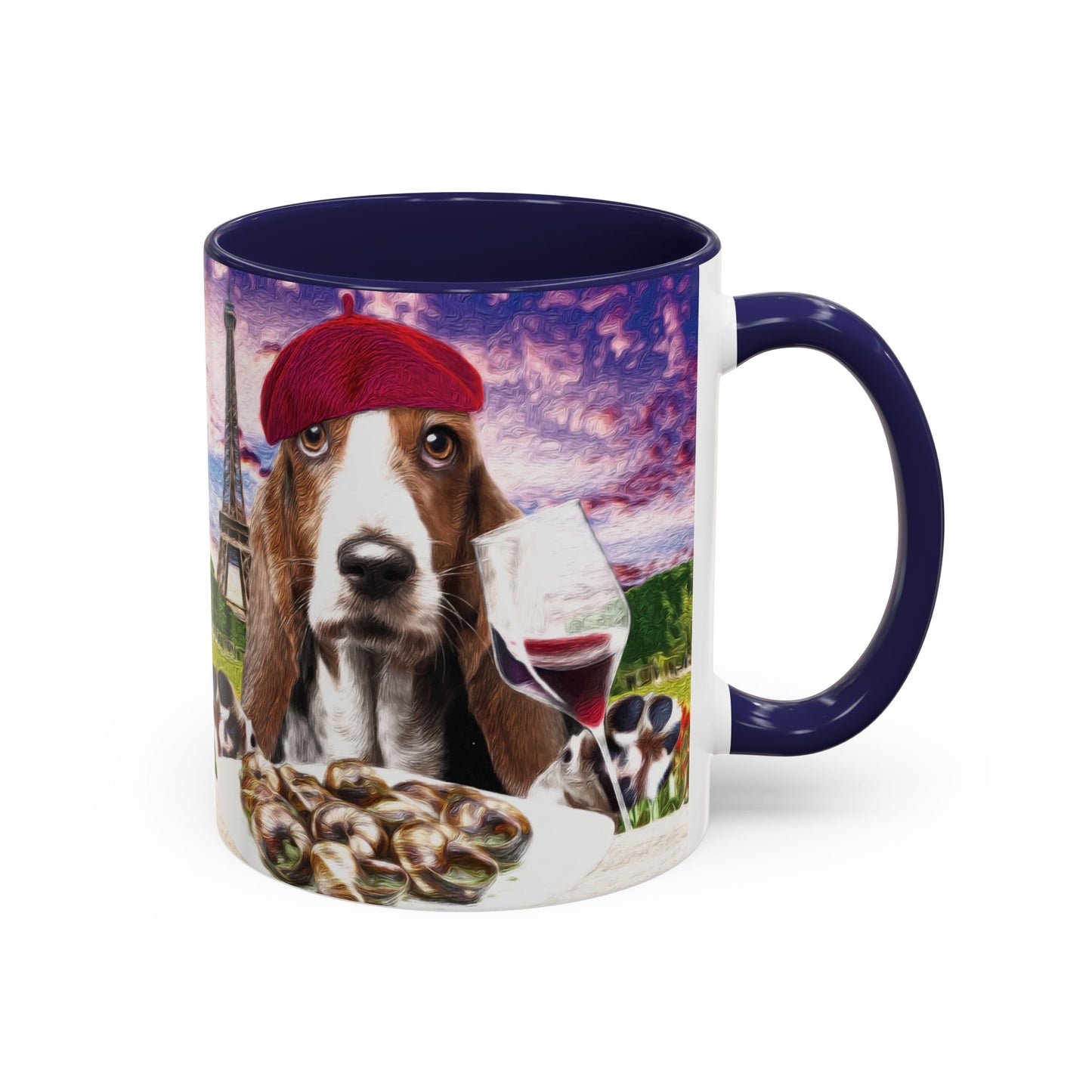 Basset Hound Eating in a French Parisian park - Coffee Mug - Perfect for Dog Lovers, Coffee Enthusiasts, Gifts, Home Decor, and More